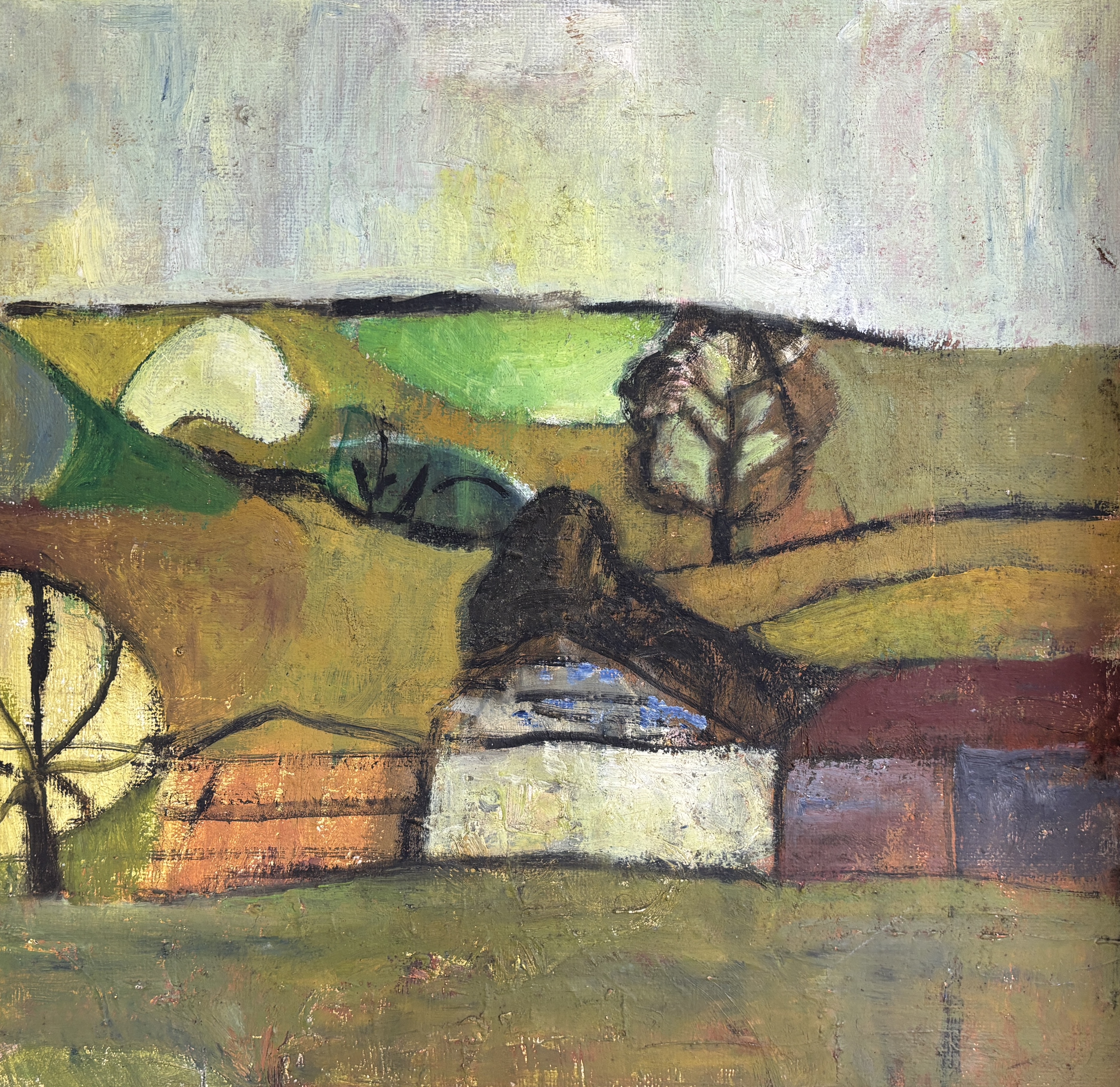 Abstract oil on canvas board, ‘Ashton Vale Bristol’, unsigned, inscribed verso, 38 x 39cm, unframed
